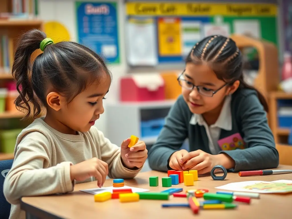 An occupational therapist assisting a student with fine motor skills using adaptive tools in a classroom environment.