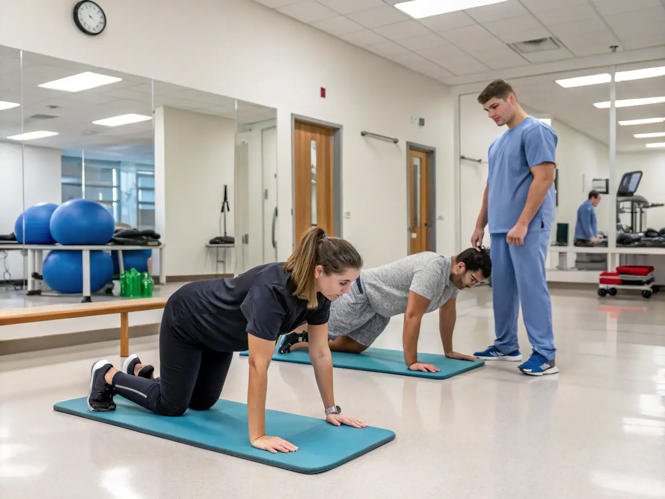 A physical therapist working with a student on mobility exercises in a school setting, focusing on improving motor skills and coordination.