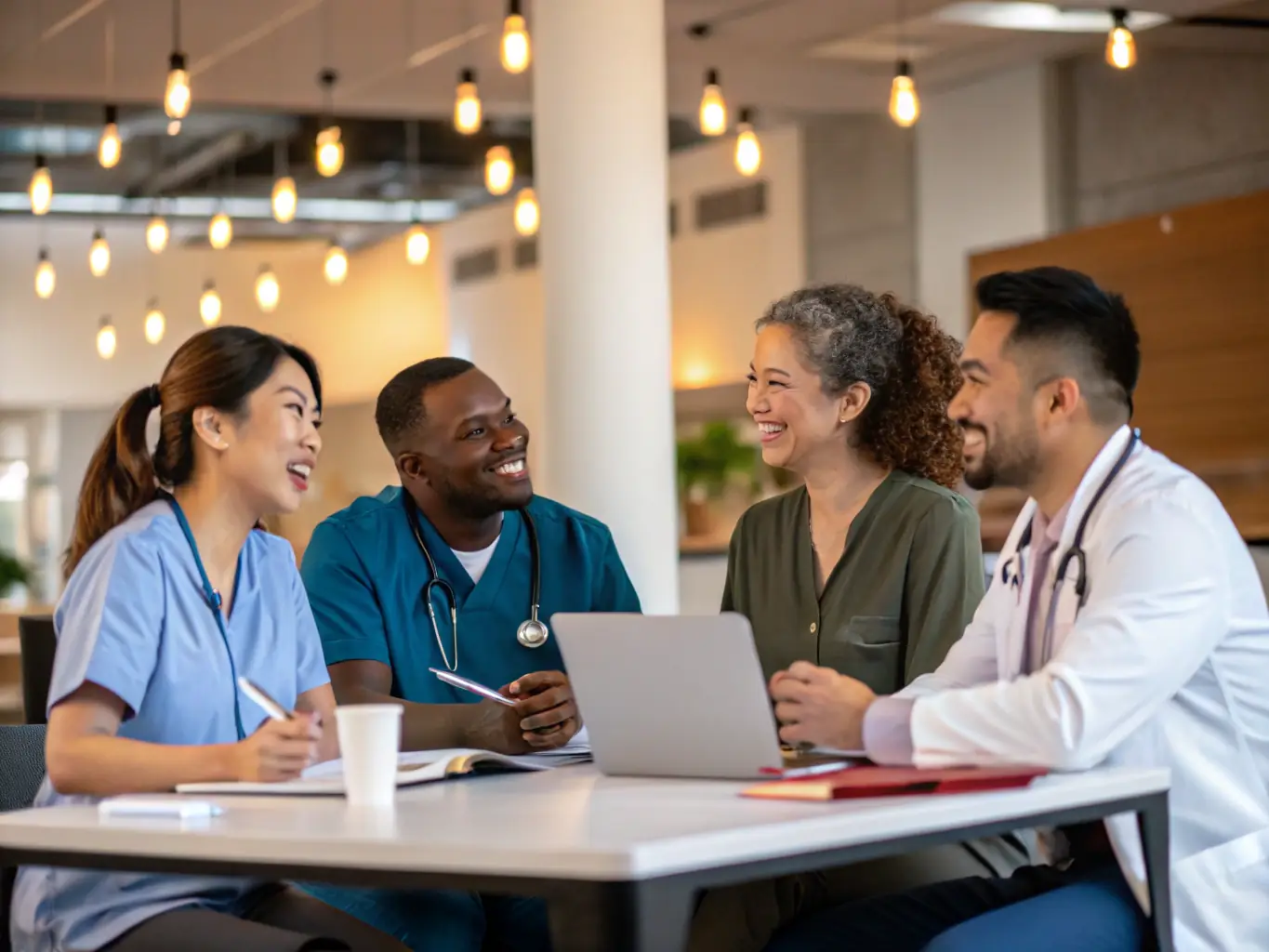 A diverse team of Welldom Rehab therapists collaborating on a student's treatment plan in a brightly lit office, showcasing their commitment to collaborative care.