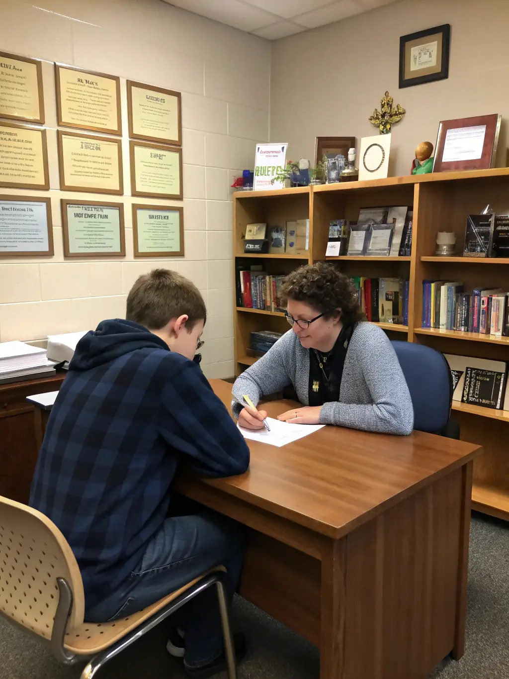 A school psychologist conducting a behavioral assessment with a student in a quiet room, focusing on understanding the student's emotional well-being.